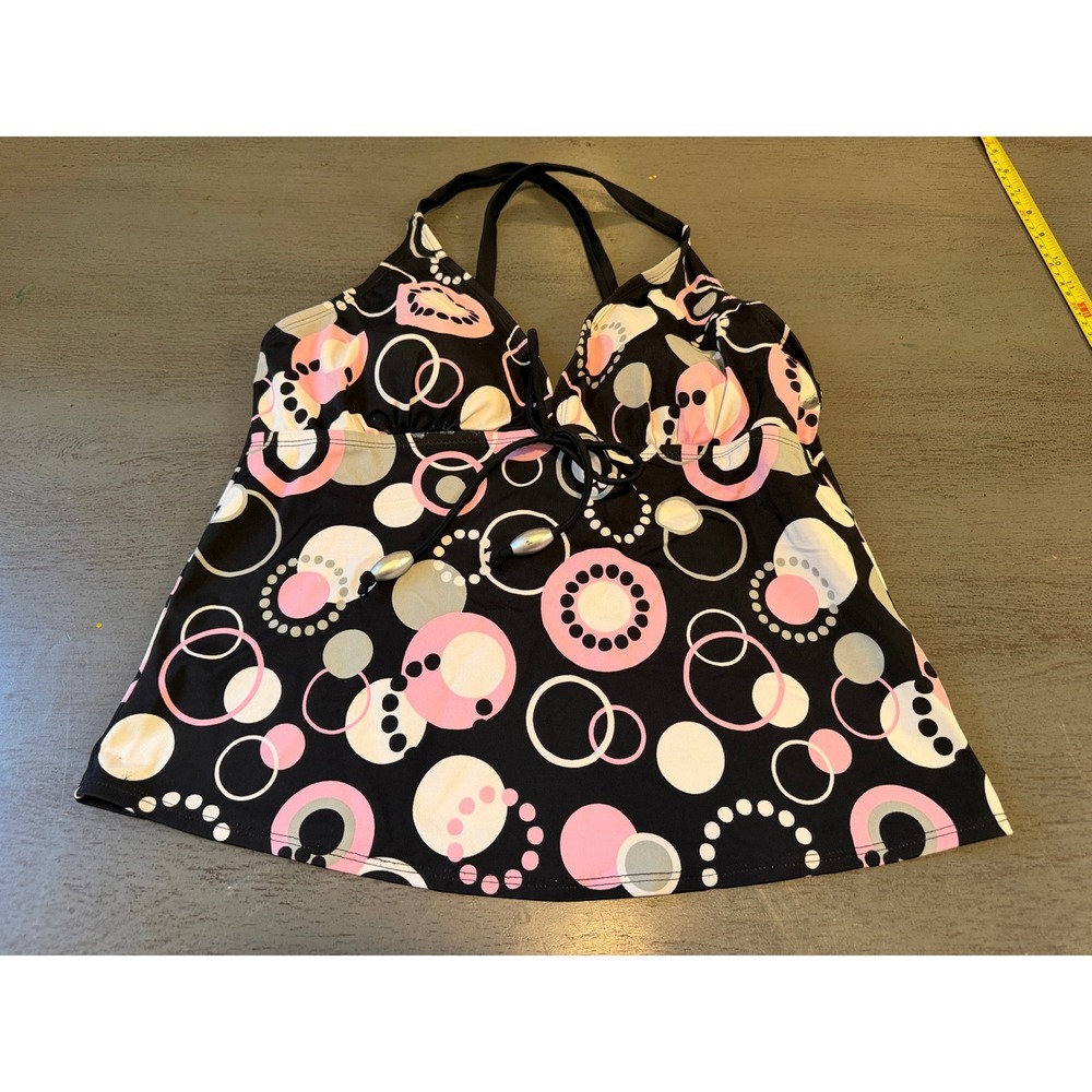 Tropical Escape Tankini Swim Top Pink Black Geometric Circle  Size 12 Halter